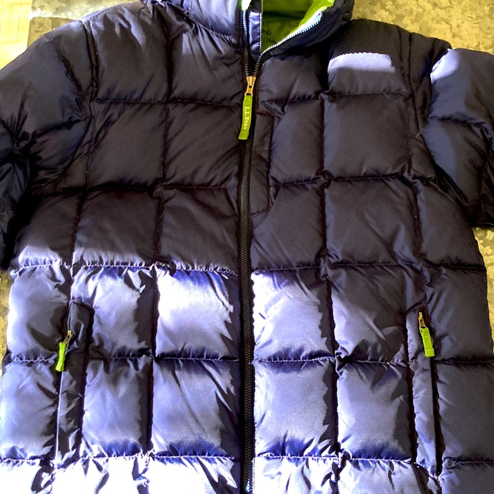LL Bean down puffer coat, GREAT condition. Blue with cute green lining.